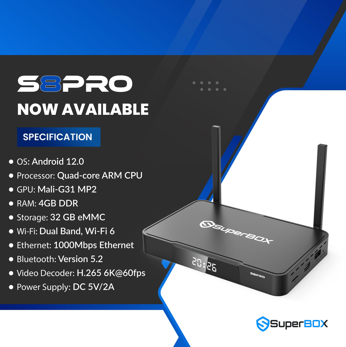 SuperBox S8 Pro 32GB Android 12 6K Streaming Box - specification image 1