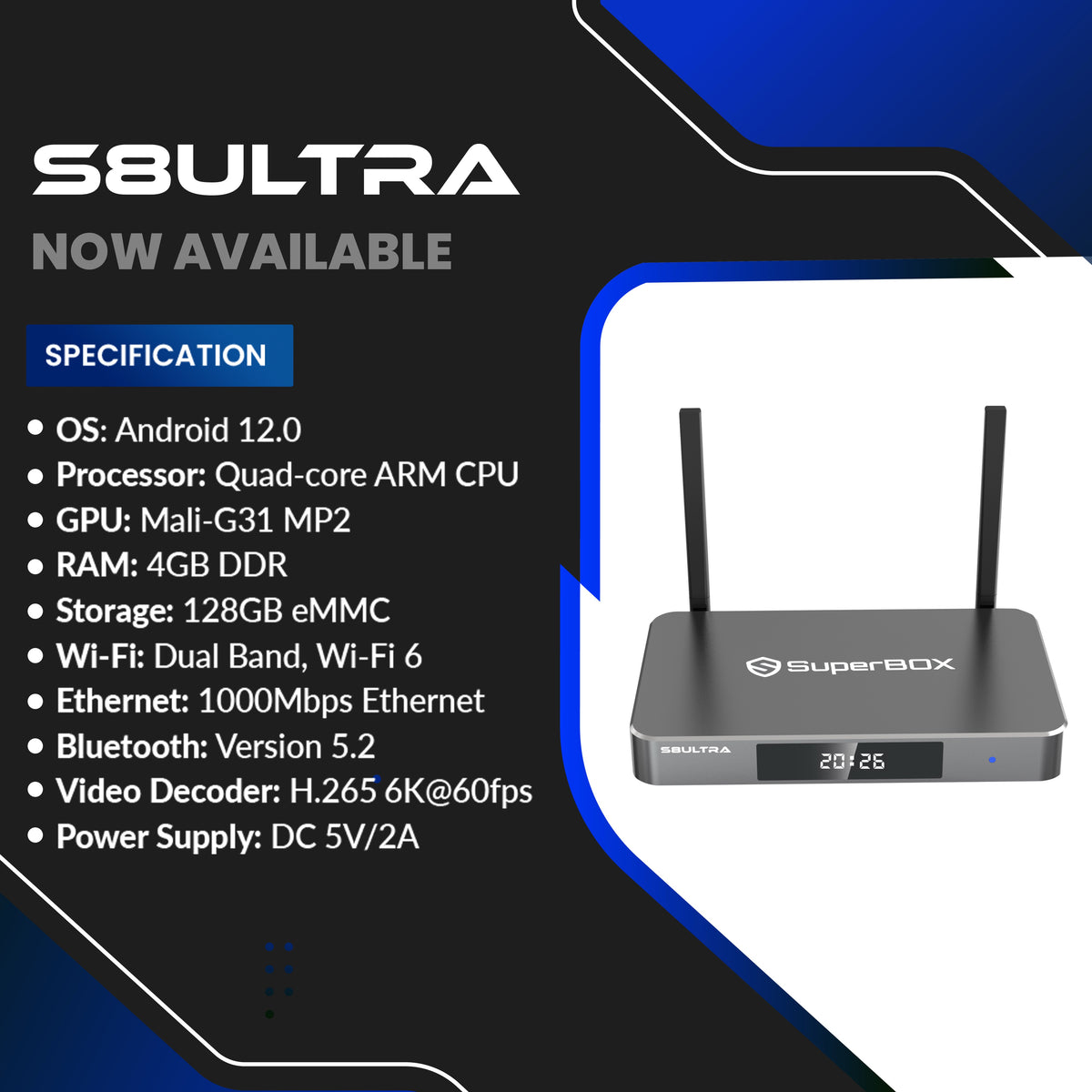 SuperBox S8 Ultra 128GB Android 12 6K Streaming Box - specification image 1